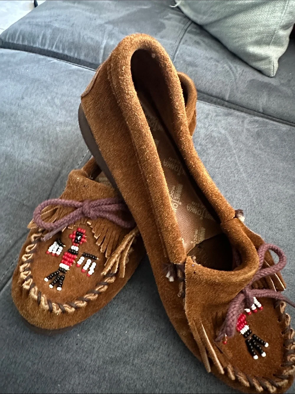 Minnetonka Brown Suede Kids Moccasins with Bead Detail